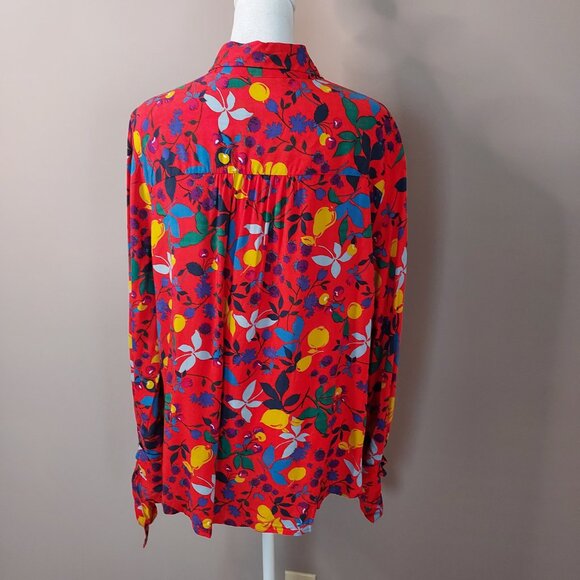 Maeve by Anthropologie Blithe Button Down Red Floral Fruit Print Blouse Size 16 - Picture 2 of 11
